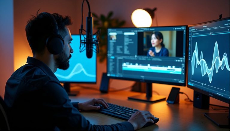 A man edits video on multiple monitors, using video editing software to add subtitles and audio adjustments.