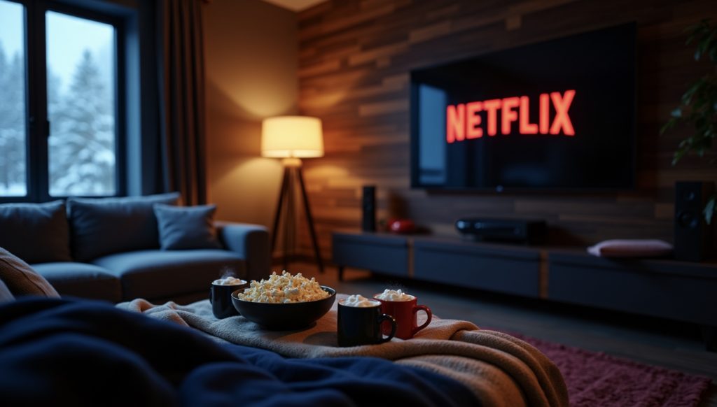 A living room with Netflix on the TV